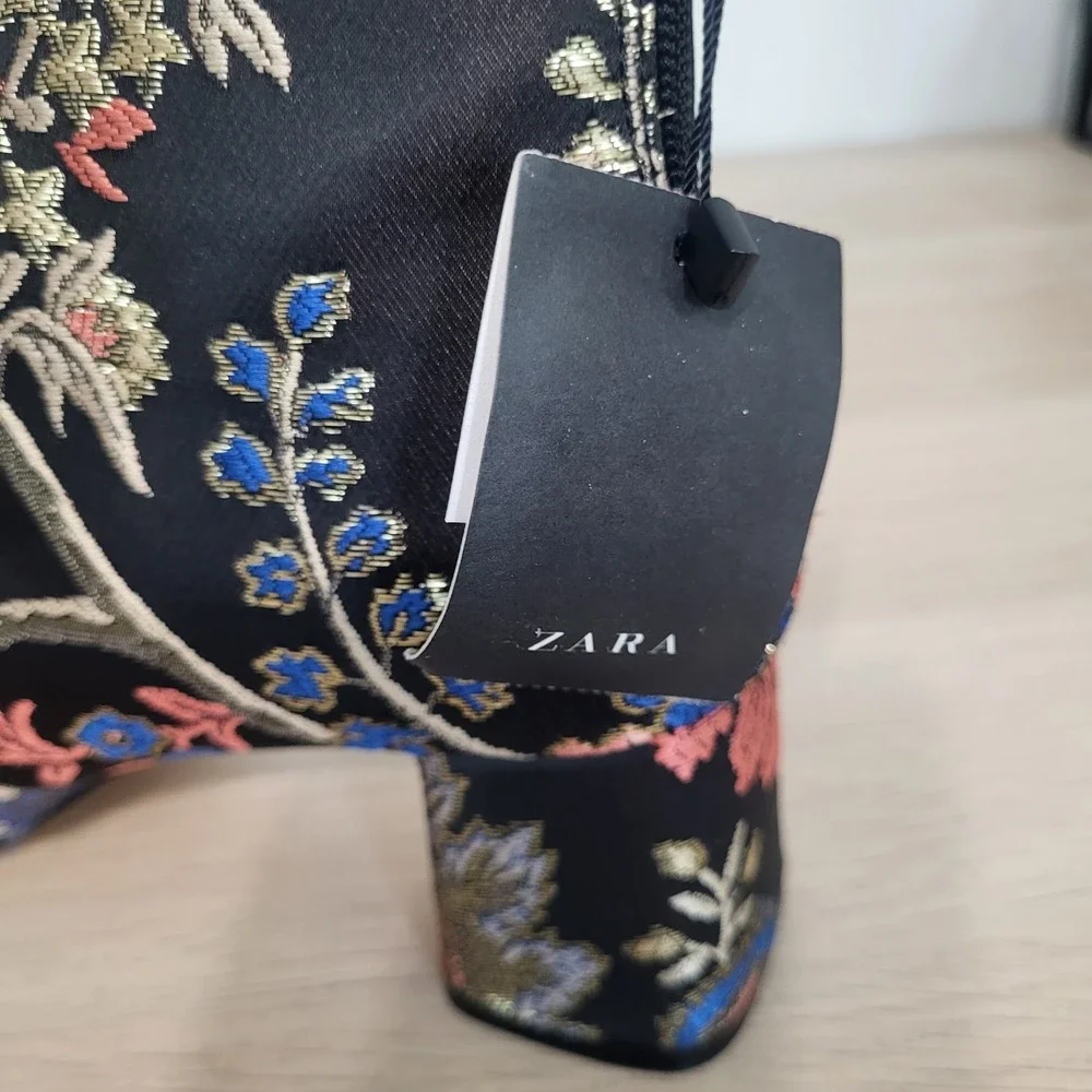 Zara Floral Jacquard Ankle Boots Black Blue Red Satin Statement Booties Heels 8